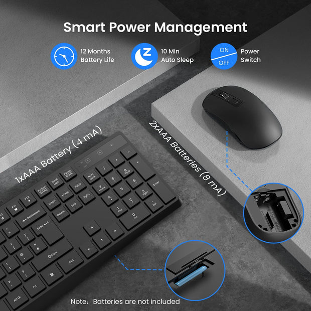 Wireless Keyboard and Mouse Set, Full Size Wireless Keyboard Ergonomic Design & Quiet USB Cordless Mouse Combo UK Layout, 12 Multimedia Shortcuts for Windows Computer PC Laptop Desktop,Black