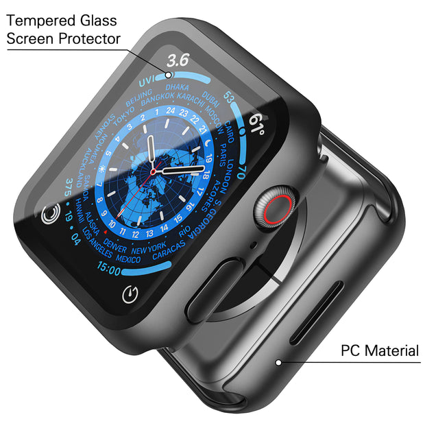 2 Pack Black Hard Case with Tempered Glass Screen Protector Compatible for Apple Watch Series 9 Series 8 Series 7 45mm, Ultra-Thin Shockproof Overall Protective Cover for iWatch