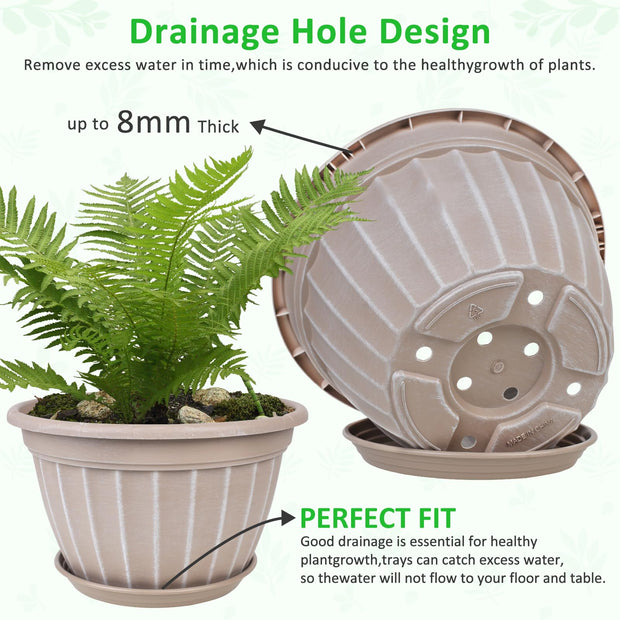 10 Inch Plants Pot,4 Pack Flower Pots,Planters Pot with Drainage Hole & Saucer,Modern Planters for Indoor Outdoor Plants,Decorative Resin Garden Pots for Outdoor Indoor Home Plants (Beige)