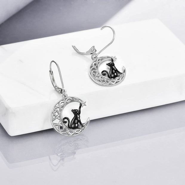 925 Sterling Silver Celtic Moon Cat/Cow/Star Leverback Earrings Cat Animal Jewellery Birthday Gifts for Women Girls