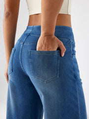 Denim Wide Leg Pants for Women, High Waisted and Slimming with Multiple Pockets, Straight Tube, Loose fit, Cat Whisker, Marbling wash Craft, High Elasticity Casual Jeans