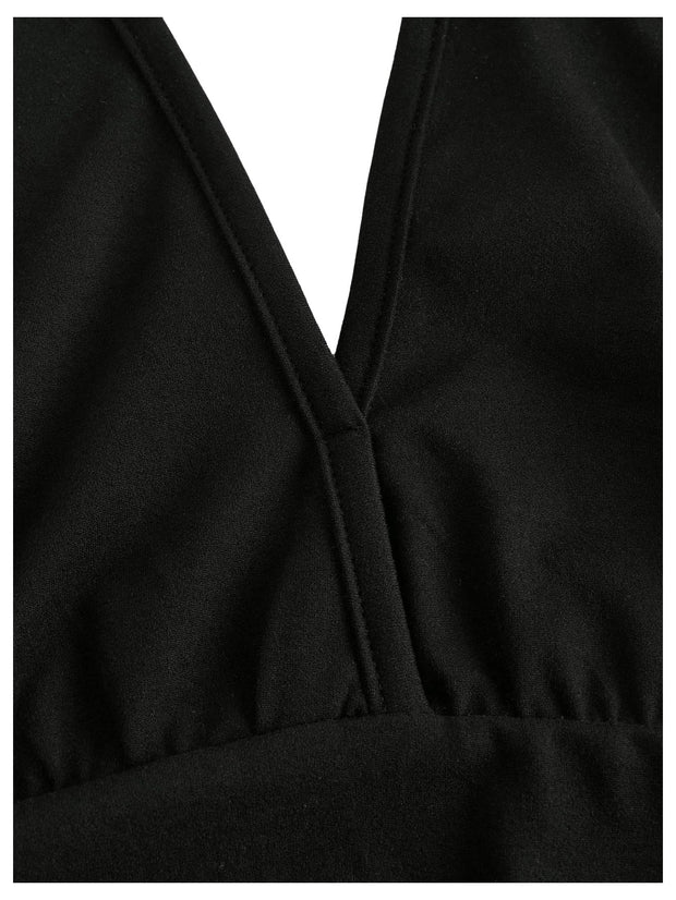 Women's Flared Flowy Ruched Halter Mini Dresses Ruffle Backless Going Out Mini Swing Dress