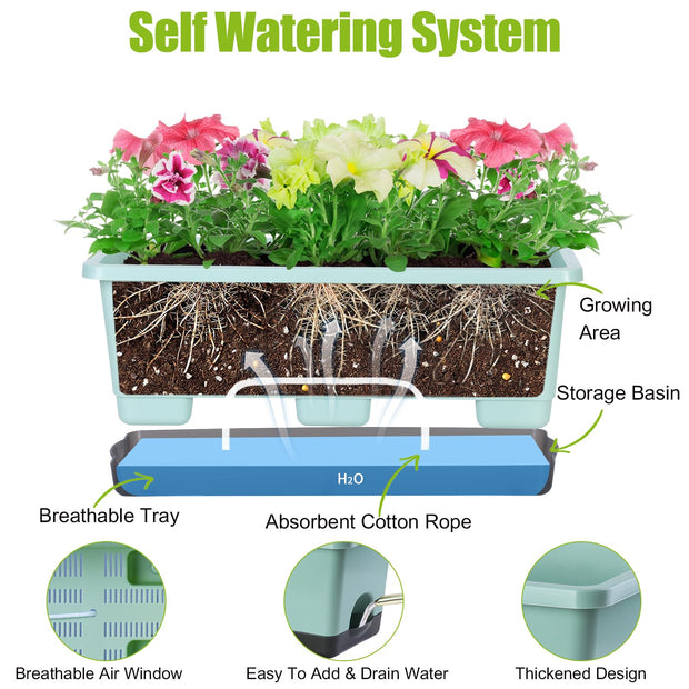 Window Box Planter 8 Pcs, 17 Inches Rectangle Flower Pots with Drainage Holes and Trays, Vegetable Planters for Windowsill Patio Garden Balcony Home Porch Yard Indoor Outdoor