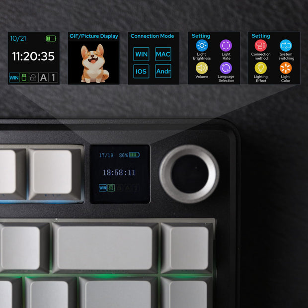 Tri-Mode Wireless Gaming Keyboard, TFT Screen, Knob, Hot Swappable, 2.4GHz/Type-C/BT5.0, Gasket Creamy, for PC/Mac/Office/Gaming (Black, Reaper Switch)