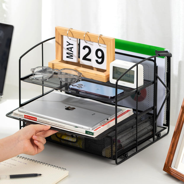 Rectangular Desk Organiser 3 Tray Sliding Drawer and Hanging File Holder, Black