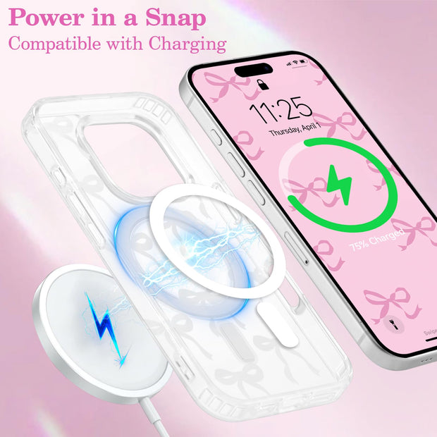 Magnetic for iPhone 14 Pro Max Case, Bow Case Compatible with MagSafe, Wireless Slim Clear Ribbon Aesthetic Phone Cover Anti-Yellowing Shockproof Protective Cover for Women Girl - White