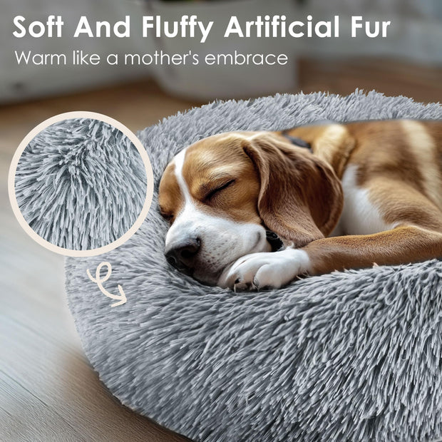20in Calming Donut Bed for Puppy and Kitten, Washable Round Fluffy Pet Bed for Small Medium Dogs and Cats (Light Grey)