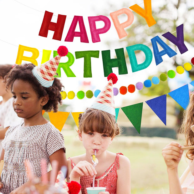Pre-Strung 3D Happy Birthday Banner, 3 PCS Rainbow Happy Felt Garland, Pom Pom Garland, Triangle Fabric Bunting, Reusable Rainbow Birthday