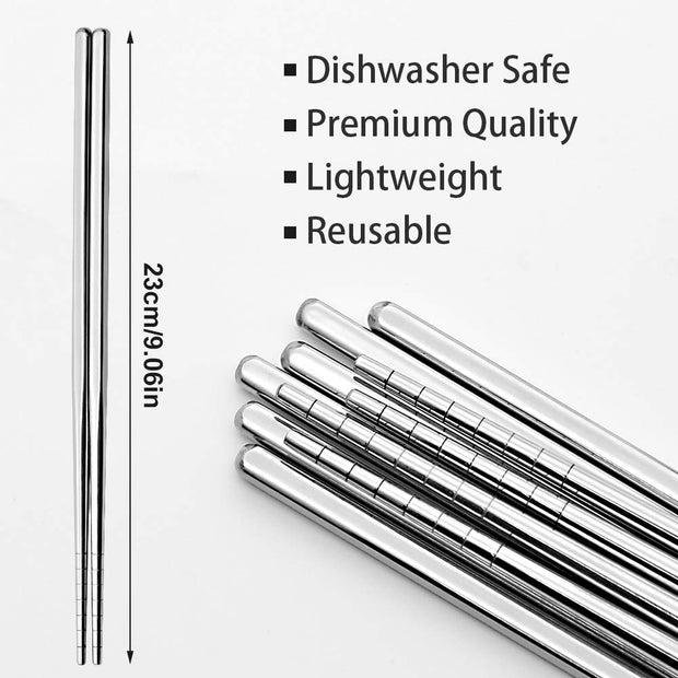 Stainless Steel Chopsticks 5 Pairs Reusable Multicolor Lightweight 304 Metal Chopsticks Square Lightweight Non-Slip Chop Sticks Dishwasher Safe Gift Set(Silver Hollow)