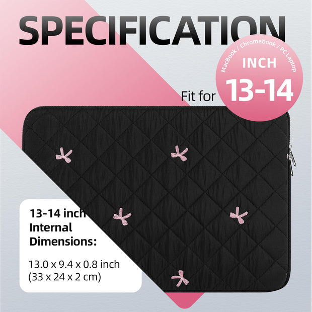 13-14 Inch Laptop Sleeve, Soft Protective Case with Embroidered Bows, Slim Lightweight Bag Compatible with 13-14 Inch MacBook Chromebook PC Notebook, Black