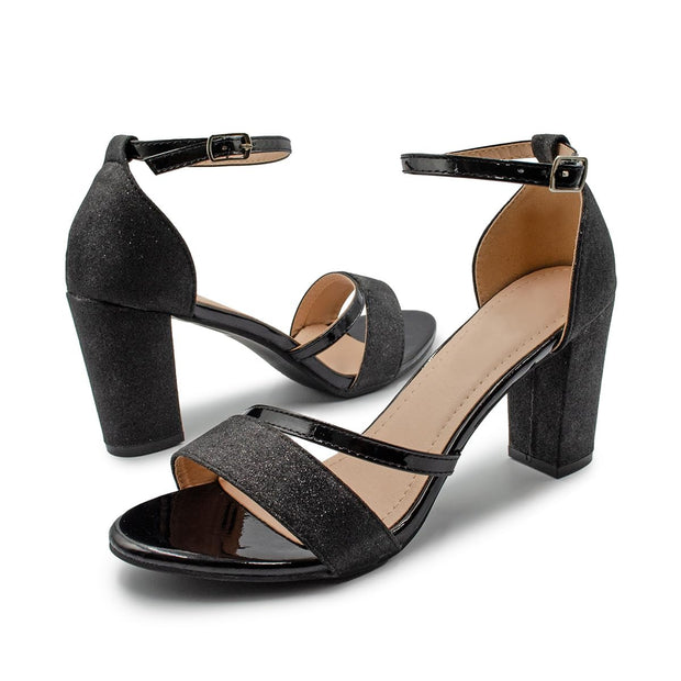 Womens Sparkle Diamante Low Mid Heel Sandals Wedding Bridal Prom Ladies Party