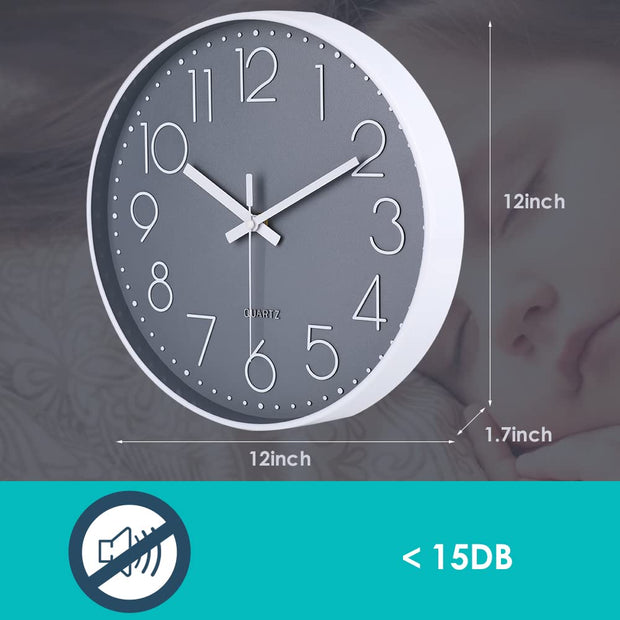 Wall Clock 12 Inch Non-Ticking Silent Battery Operated Round Wall Clock Modern Elegant Simple Style Decor Clock