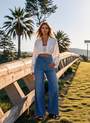 Denim Wide Leg Pants for Women, High Waisted and Slimming with Multiple Pockets, Straight Tube, Loose fit, Cat Whisker, Marbling wash Craft, High Elasticity Casual Jeans