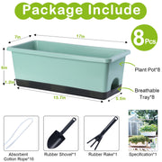 Window Box Planter 8 Pcs, 17 Inches Rectangle Flower Pots with Drainage Holes and Trays, Vegetable Planters for Windowsill Patio Garden Balcony Home Porch Yard Indoor Outdoor