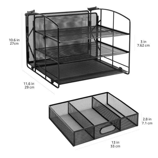 Rectangular Desk Organiser 3 Tray Sliding Drawer and Hanging File Holder, Black