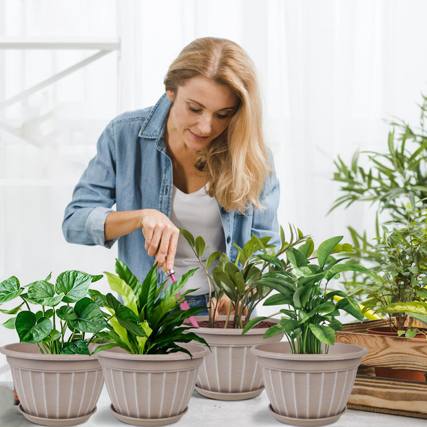 10 Inch Plants Pot,4 Pack Flower Pots,Planters Pot with Drainage Hole & Saucer,Modern Planters for Indoor Outdoor Plants,Decorative Resin Garden Pots for Outdoor Indoor Home Plants (Beige)