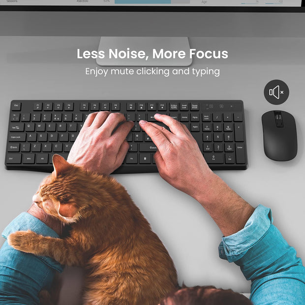 Wireless Keyboard and Mouse Set, Full Size Wireless Keyboard Ergonomic Design & Quiet USB Cordless Mouse Combo UK Layout, 12 Multimedia Shortcuts for Windows Computer PC Laptop Desktop,Black