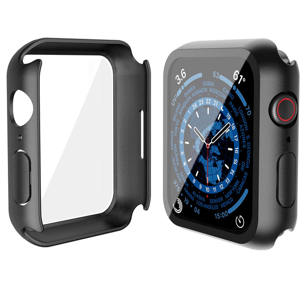 2 Pack Black Hard Case with Tempered Glass Screen Protector Compatible for Apple Watch Series 9 Series 8 Series 7 45mm, Ultra-Thin Shockproof Overall Protective Cover for iWatch