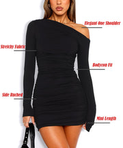 Women Off Shoulder Mini Dress Ruched Long Sleeve Bodycon Dress Sexy Cocktail Party Dresses Going Out Clubbing Elegant