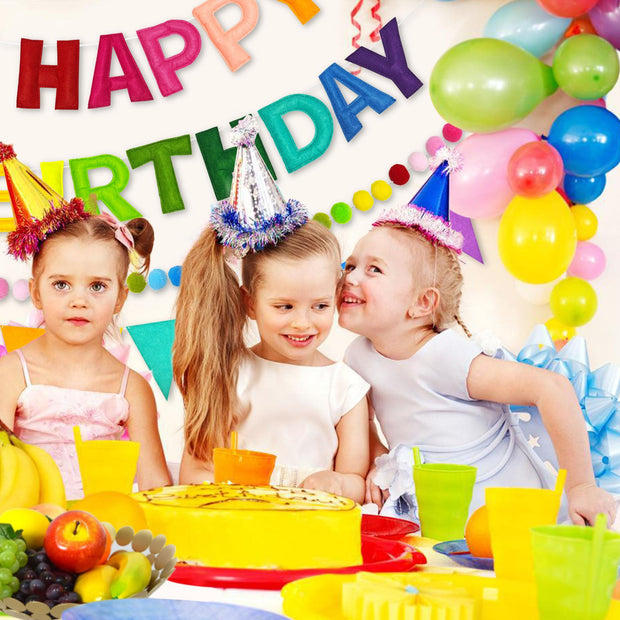 Pre-Strung 3D Happy Birthday Banner, 3 PCS Rainbow Happy Felt Garland, Pom Pom Garland, Triangle Fabric Bunting, Reusable Rainbow Birthday