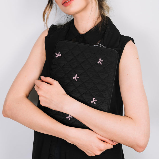 13-14 Inch Laptop Sleeve, Soft Protective Case with Embroidered Bows, Slim Lightweight Bag Compatible with 13-14 Inch MacBook Chromebook PC Notebook, Black