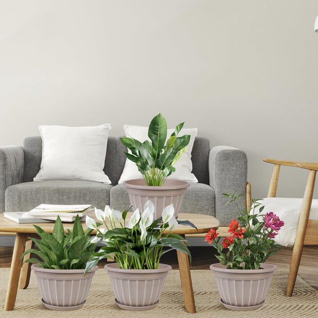 10 Inch Plants Pot,4 Pack Flower Pots,Planters Pot with Drainage Hole & Saucer,Modern Planters for Indoor Outdoor Plants,Decorative Resin Garden Pots for Outdoor Indoor Home Plants (Beige)