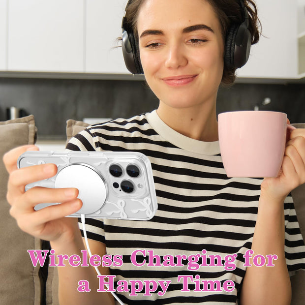 Magnetic for iPhone 14 Pro Max Case, Bow Case Compatible with MagSafe, Wireless Slim Clear Ribbon Aesthetic Phone Cover Anti-Yellowing Shockproof Protective Cover for Women Girl - White