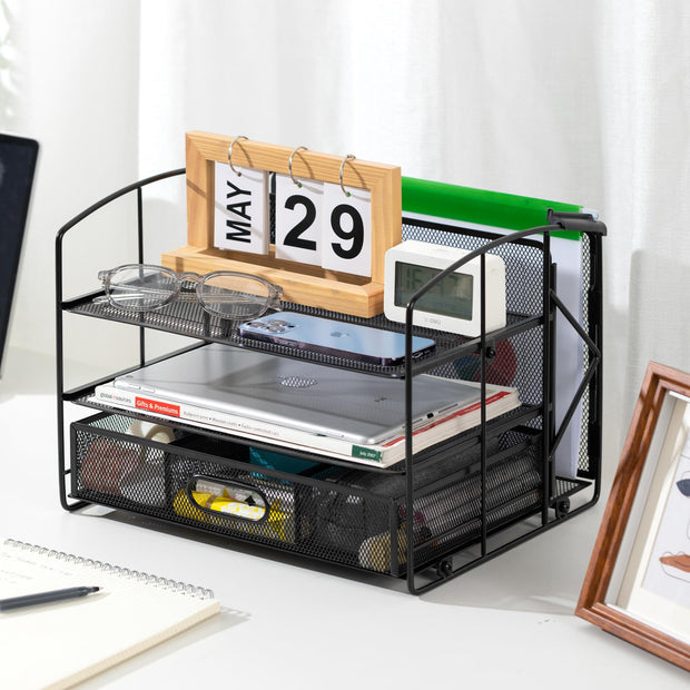 Rectangular Desk Organiser 3 Tray Sliding Drawer and Hanging File Holder, Black