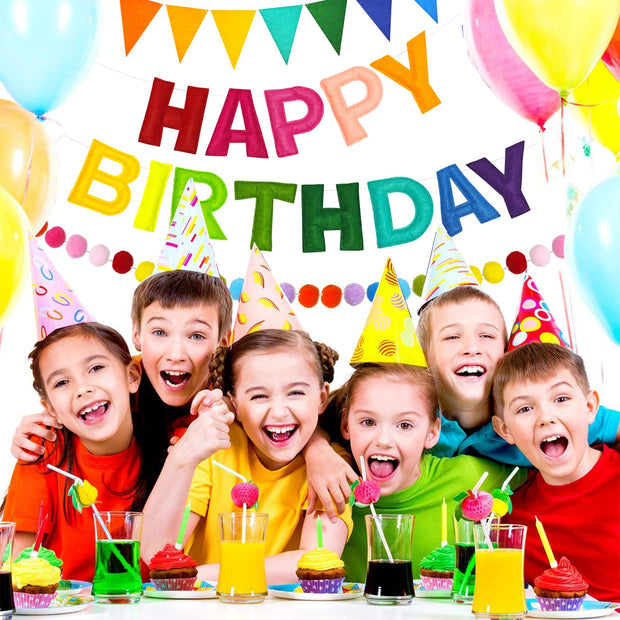 Pre-Strung 3D Happy Birthday Banner, 3 PCS Rainbow Happy Felt Garland, Pom Pom Garland, Triangle Fabric Bunting, Reusable Rainbow Birthday