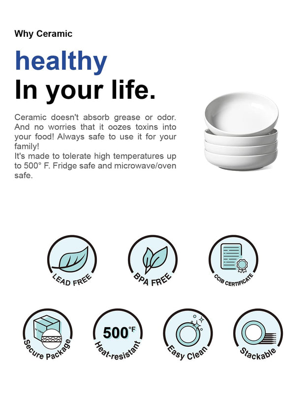 Pasta Bowls 45 oz, Salad Bowls Set for Serving Soup, Pasta, Noodle, Dinner, Large Kitchen Bowl Plates, Microwave Safe - 8.5 Inch, Set of 4, White